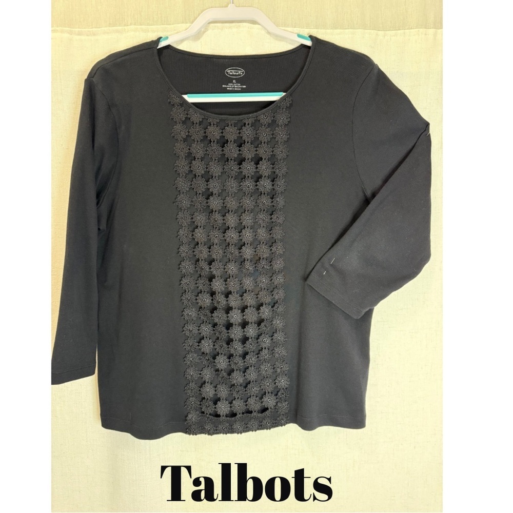Talbots Black Floral Crochet Front Top 3/4 Sleeve Knit Blouse Size XL